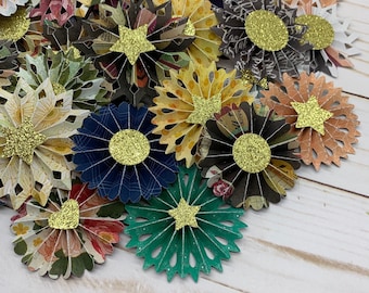 12 Random Handmade Mini Paper Rosettes - Medallion/Accordion Flowers - Party Pinwheels - Embellishments - Planners - PinkPeppermintShoppe