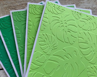 Handmade Embossed Note Cards Set of 5 ~ Monstera Leaves ~ Tropical ~ Plant Lover ~ Thank You ~ Blank A2 Green Color Greetings Stationery