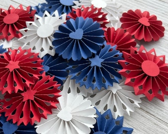 9 Random Handmade Mini Paper Rosettes - Red White & Blue ~  Medallion/Accordion Flowers - Party Pinwheels - Embellishments - Planners ~ USA