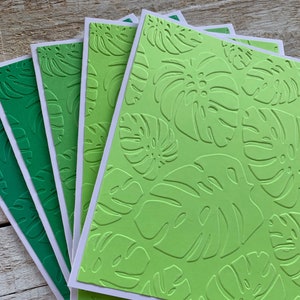 Handmade Embossed Note Cards Set of 5 ~ Monstera Leaves ~ Tropical ~ Plant Lover ~ Thank You ~ Blank A2 Green Color Greetings Stationery