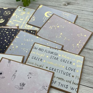 Note Cards Set of 10 ~ Stars & Moon ~ Universe  ~ Galaxy ~ Cosmic Dreamer ~  Thank You ~ Blank Kraft or White Gold Foil Stationery Pack