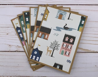 Handmade Note Cards Set of 6 ~ Welcome Home ~ Houses ~ Congratulations ~ Thank You ~ Blank Kraft Stationery - PinkPeppermintShoppe