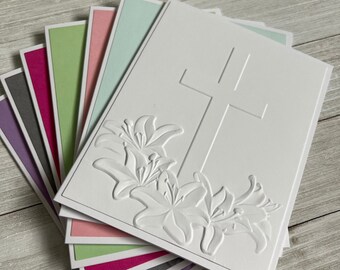 Handmade Embossed Note Cards ~ Cross with Lilies ~ Thank You ~ Thinking of You ~ All Occasions ~ Blank A2 Stationery - PinkPeppermintShoppe