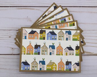 Handmade Note Cards Set of 6 ~ Welcome Home ~ Houses ~ Congratulations ~ Thank You ~ Blank Kraft Stationery Pack - PinkPeppermintShoppe