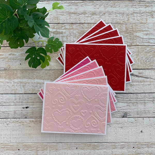 Handmade Embossed Note Cards Set of 5  ~ Pink or Red Hearts ~ Valentine's Day ~ Wedding ~ Thank You ~ Blank A2 Assorted Love Stationery