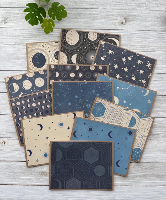 Note Cards Set of 12 ~ Stars & Moon ~ Universe ~ Moon Phase ~ Galaxy ~ Thank You ~ Thinking of You ~ Blank Kraft or White Stationery Pack