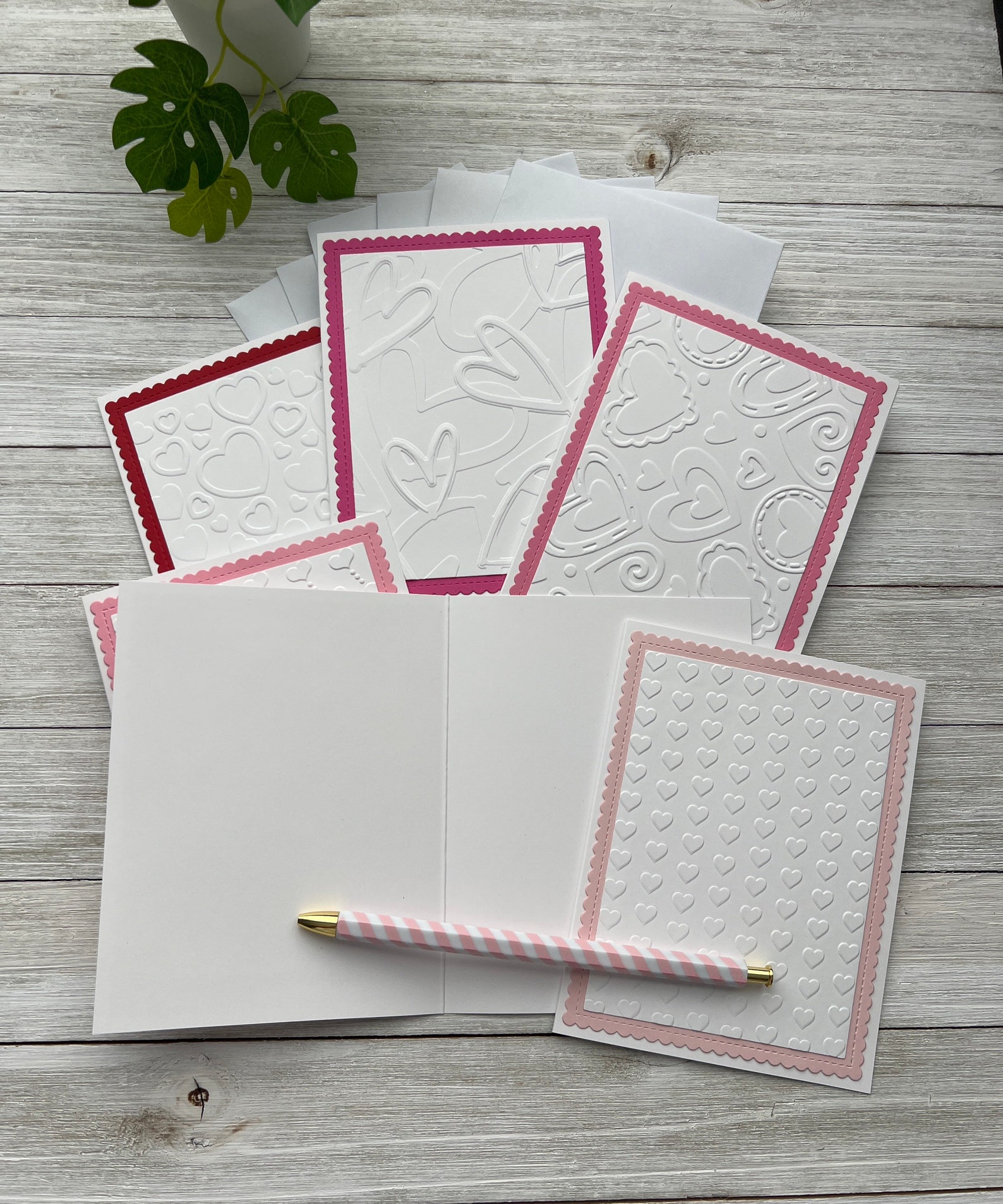 Handmade Embossed Note Cards Set of 6 ~ Pink & Red Hearts ~ Valentine's ...