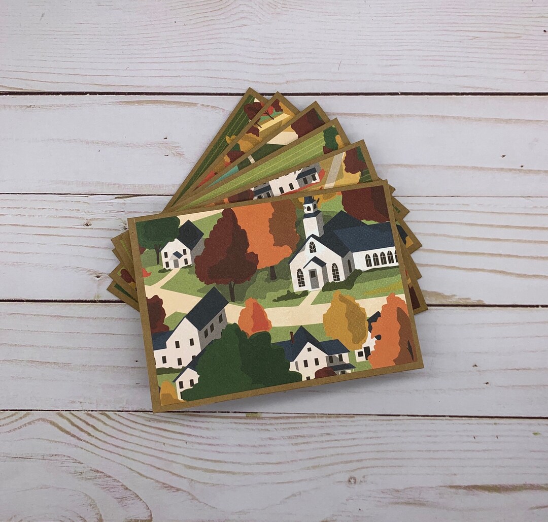 Note Cards Set of 6 Thanksgiving Harvest Town Autumn & Fall Thank You ...