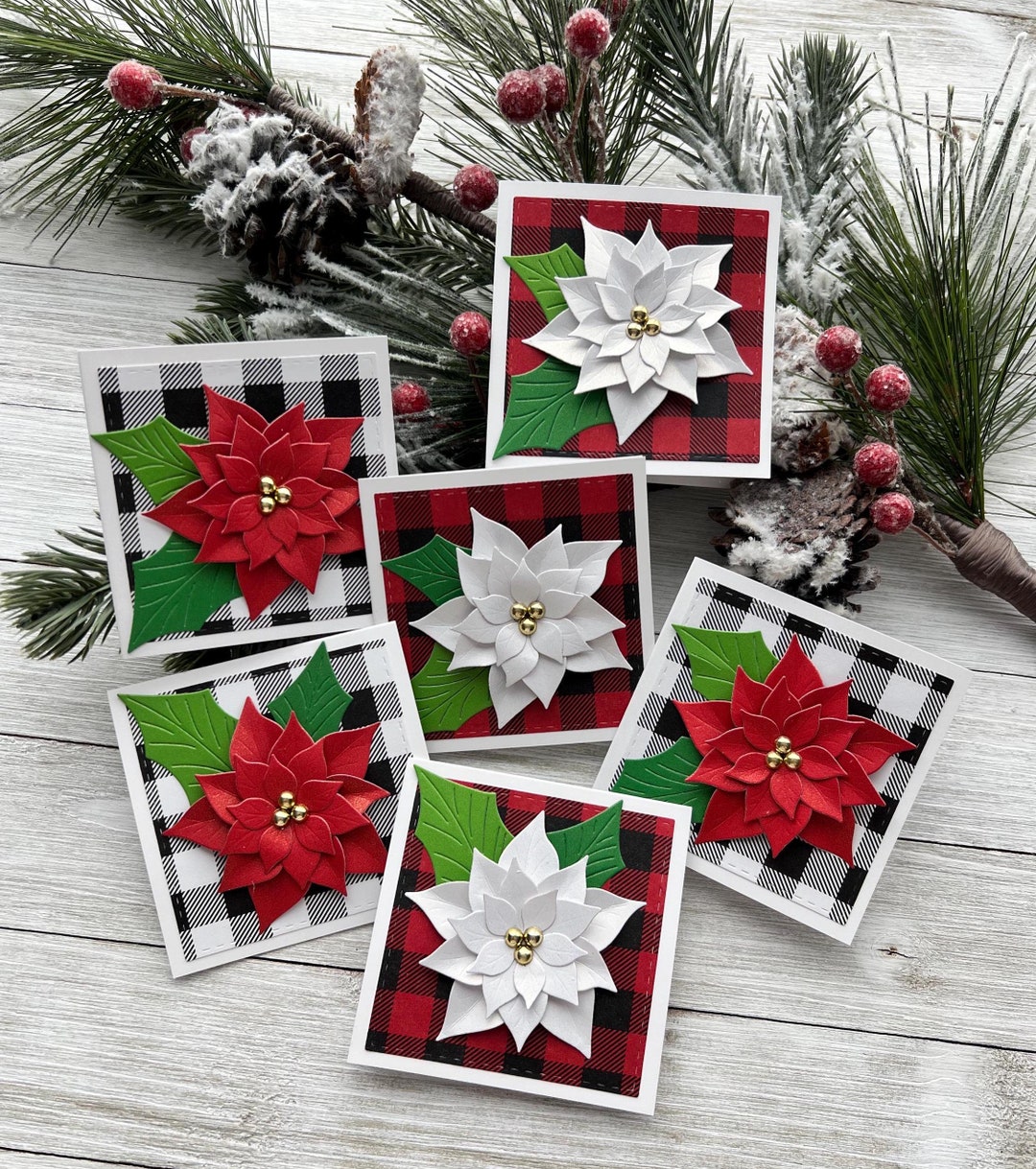 Set of 6 Mini Note Cards ~ 3D Red or White Poinsettia ~ 3x3 Blank Cards ...