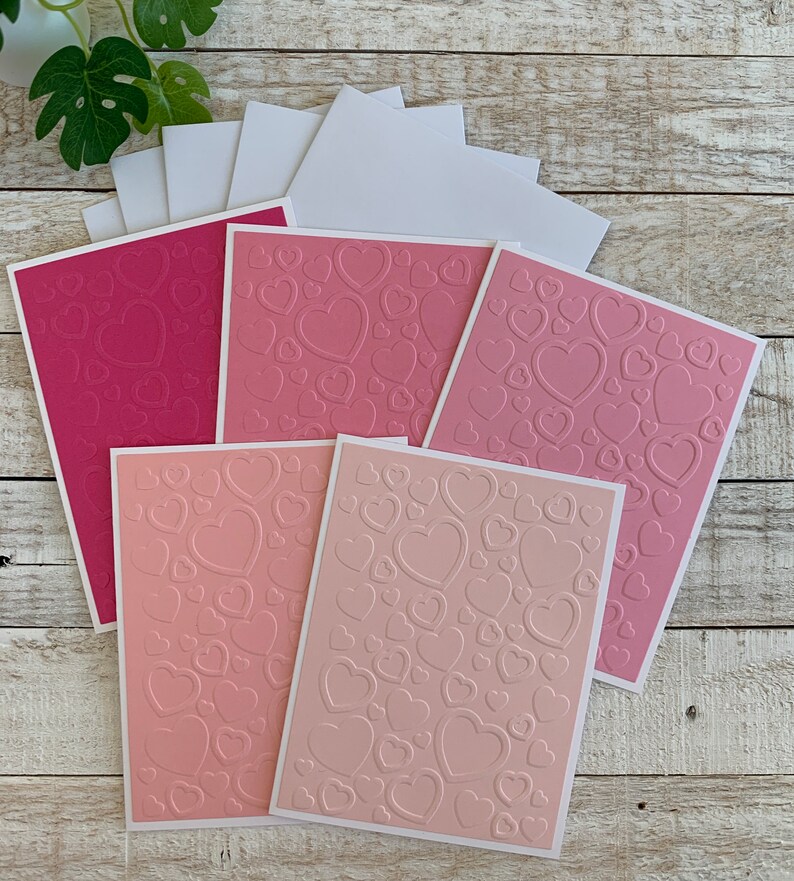 Handmade Embossed Note Cards Set of 5 ~ Pink or Red Hearts ~ Valentine ...
