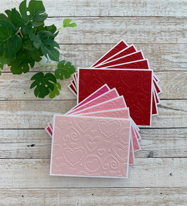 Handmade Embossed Note Cards Set of 5 ~ Pink or Red Hearts ~ Valentine ...