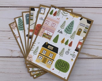 Handmade Note Cards Set of 6 ~ Welcome Home ~ Houses ~ Congratulations ~ Thank You ~ Blank Kraft Stationery Pack - PinkPeppermintShoppe