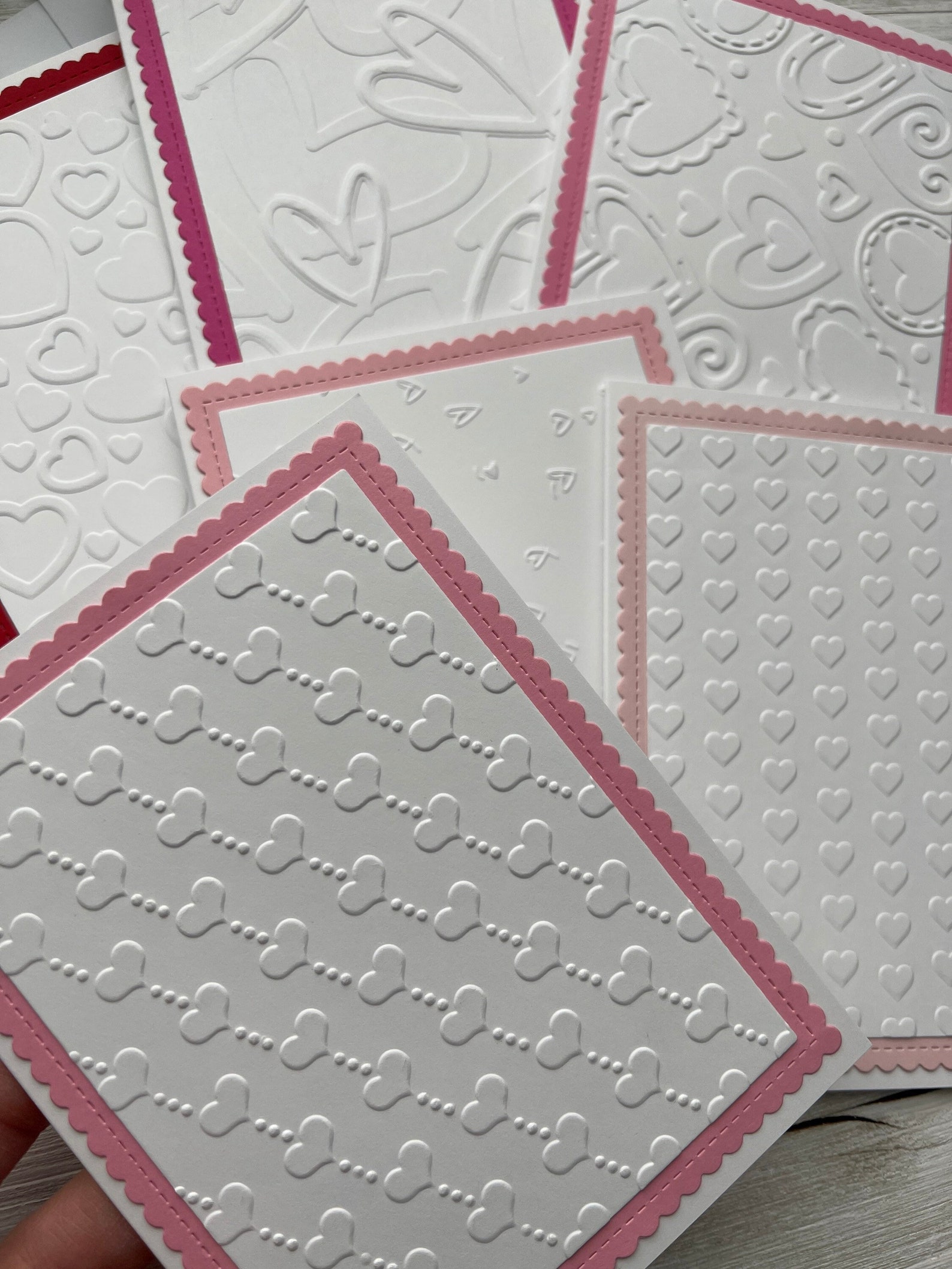 Handmade Embossed Note Cards Set of 6 ~ Pink & Red Hearts ~ Valentine's ...