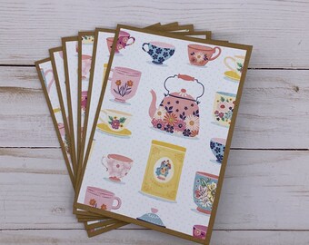 Handmade Note Cards Set of 6 ~ All Occasion ~ Tea Lovers ~ Kettle ~ Tea Cups ~ Blank Thank You Kraft Stationery Set - PinkPeppermintShoppe