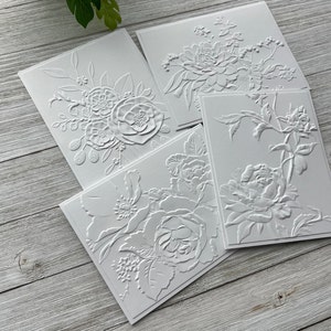 Handmade Embossed Note Cards Set of 4 ~ 3D Roses ~ Flowers ~ Bouquets ~ Thank You ~ Wedding ~ Minimalist ~ Blank White Stationery Pack