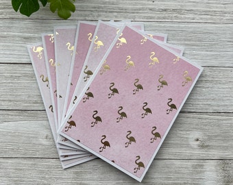 Note Cards Set of 6 ~ All Occasion ~ Tropical ~ Pink Flamingo ~ Thank You ~ Summer ~ Blank Gold Foil Stationery Set