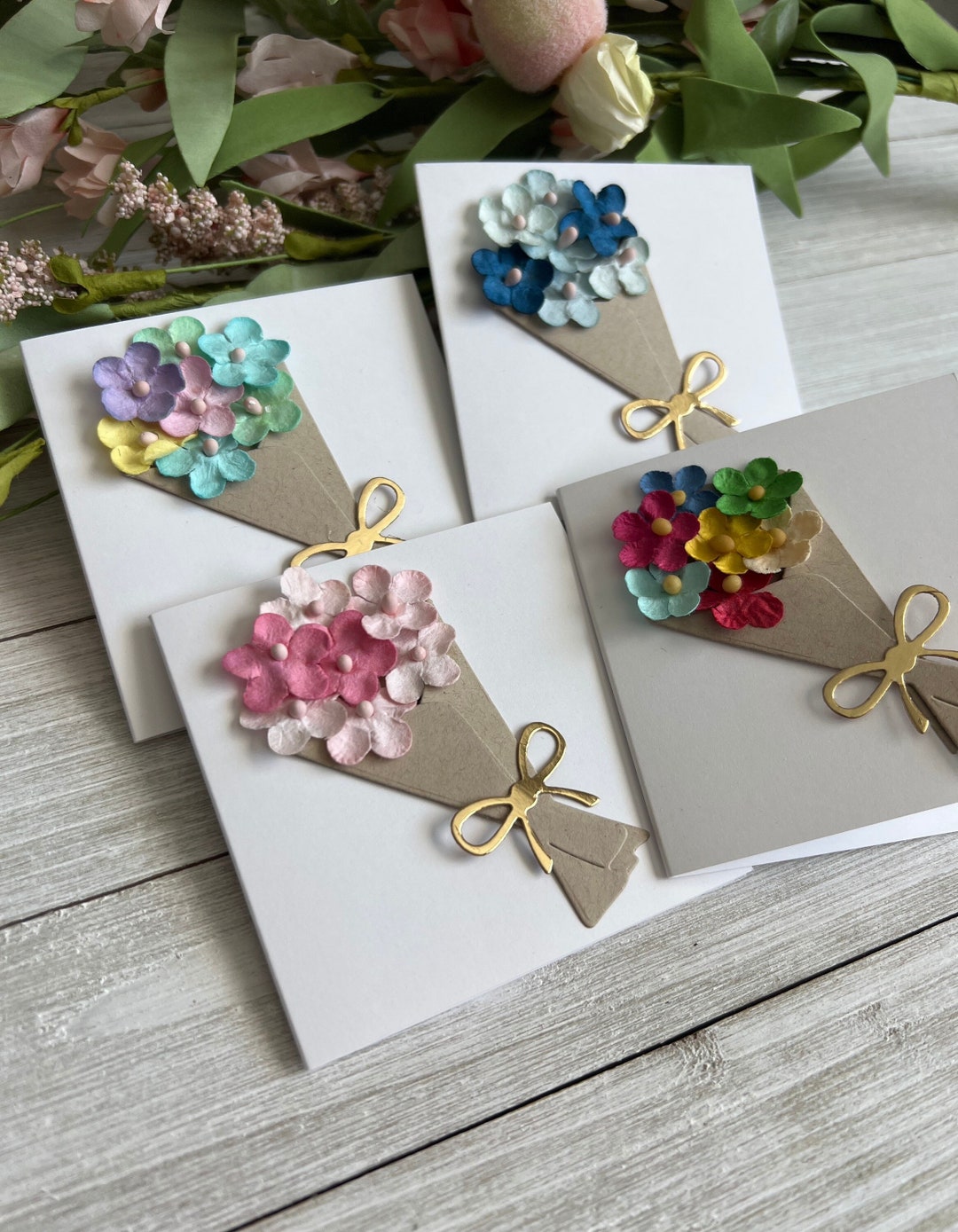 Set of 4 Mini Note Cards ~ Flower Bouquet ~ 3x3 Blank Card W/envelopes ...