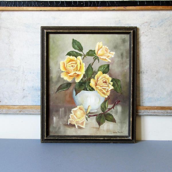 Pintura al óleo floral vintage, shabby chic estilo rosa pintura, óleo sobre lienzo. estilo shabby chic, decoración chic cottage