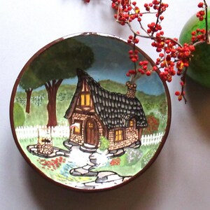 Decorative art pottery bowl, a house in woods, funky art, whimsical boho chic coffee table decor