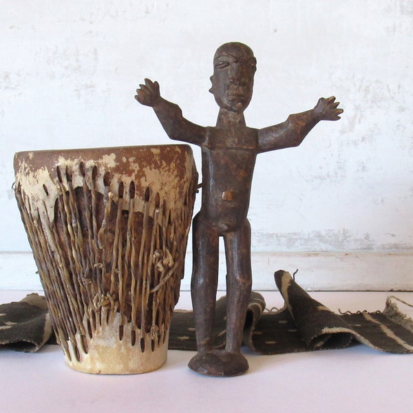 Vintage African decor, small man figurine sculpture and a drum, photo props, African home accents, global ethnic decor