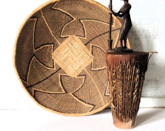 Cesta africana Binga, cesta étnica tribal grande de 43 cm, decoración bohemia, cesta decorativa hecha a mano.