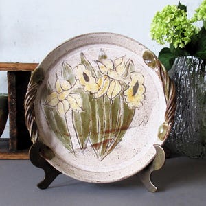 Decorative floral tray with handles, handmade pottery, rustic earthy pottery, serving tray, snack, cheese plate.