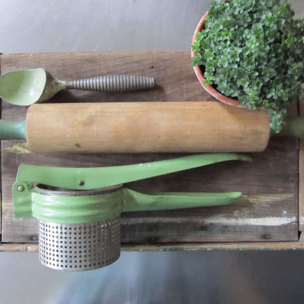Vintage green kitchen utensils / kitchen decor / vintage kitchen display/ farm house