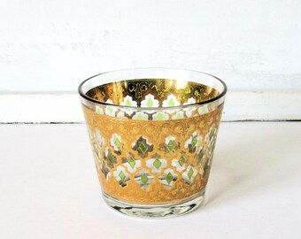 Vintage Culver Valencia Glass Ice Bucket Green Gold Decorated MCM Barware
