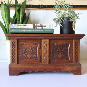 Vintage hand carved lidded box, decorative small chest, keepsake box