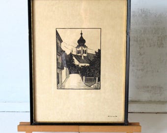 Czarno-sepowa, zabytkowa drzeworytnicza ilustracja Lucy Sadler dla Maxa Reinhardta i jego Salzburga: portfolio dwudziestu rysunków