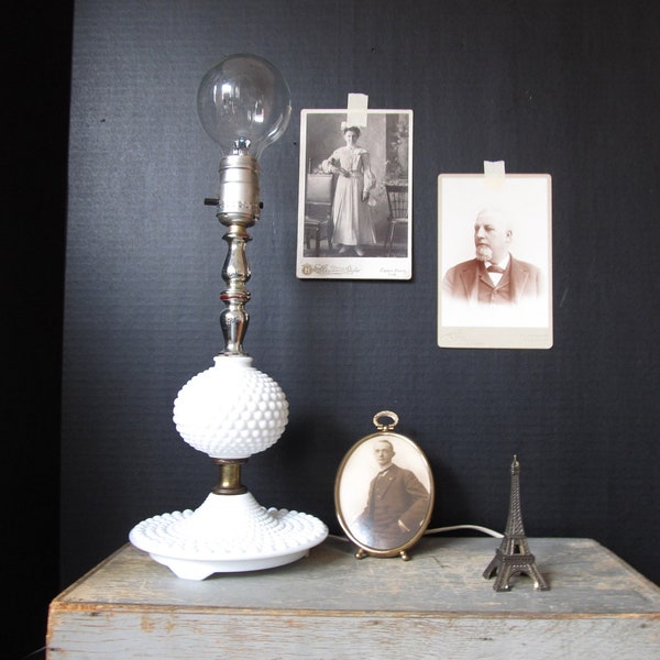 Vintage hobnail milk glass lamp