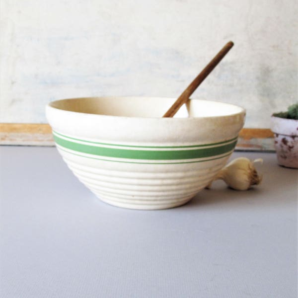 Vintage white stoneware, earthenware crock, farmhouse decor, mixing bowl