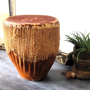 Vintage Bongo drum, percussion drum, animal hide African decor, tribal decor, small side table