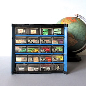 Vintage small compact parts metal cabinet, industrial drawers, industrial decor