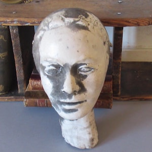 Raku woman head sculpture, dark academia room, library decor