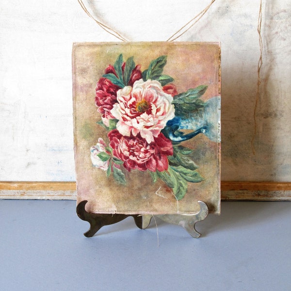 Vintage floral oil painting, shabby chic style rose painting, oil on canvas. shabby chic style, cottage chic decor