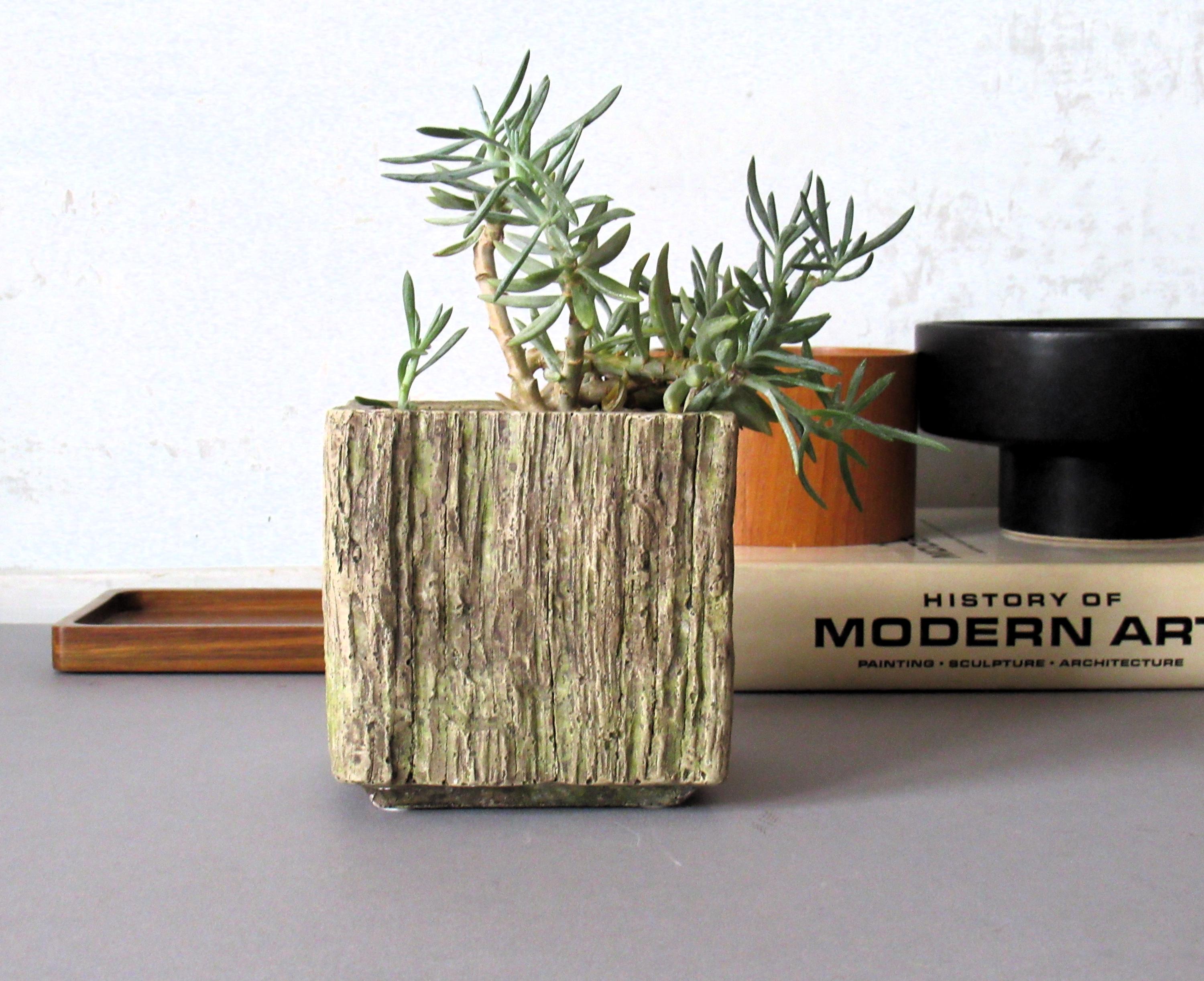 Green bark like textured square small planter.