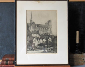 Antique lithograph of French Water Market and gothic cathedral in Amiens, France, black and white French cityscape