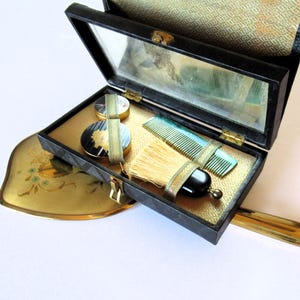 Art Deco Vanity Case Set: Enameled Compacts, Comb & Brush