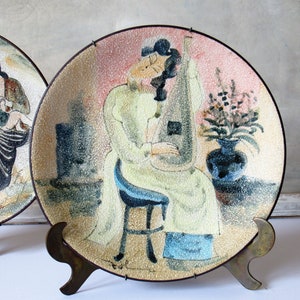 Vintage Japanese stoneware art plate, girl with cithara, boho chic decor.