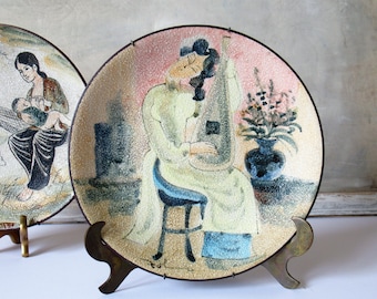 Vintage Japanese stoneware art plate, girl with cithara, boho chic decor.