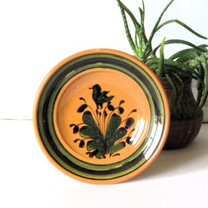 May include: A round ceramic plate with a warm orange base color, featuring a dark green hand-painted bird motif surrounded by stylized foliage. The rim is decorated with concentric dark green and black circular bands, creating a distinct border.