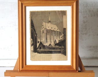 Grabado antiguo europeo vintage de 1933, grabado de Leon R. Pescheret de la Capilla de San Nicolás, Bélgica.