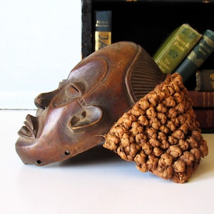 Vintage Chokwe African Mask: Hand Carved Wood Wall Sculpture