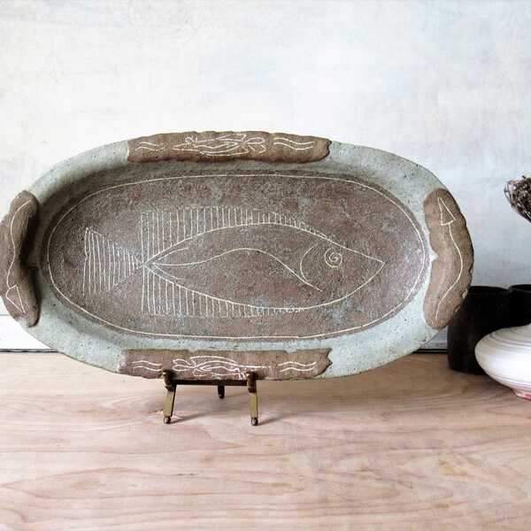 Vintage Marty Pearson studio pottery fish serving plate, decorative serving plate.