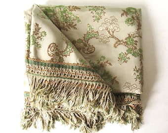 Vintage Satin Damask Bedspread, Floral Brocade Jacquard Queen Coverlet, Cottage Chic Fringed Bed Throw, Grannychic Vintage Luxury Bedding