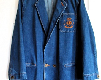 Harve Benard Denim Blazer Jacket Medium Wash Embroidered Crest on Pocket Size M