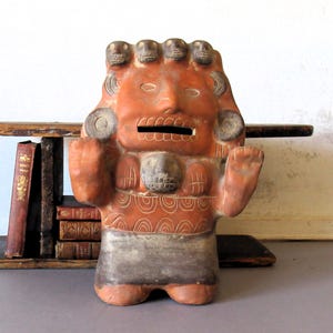Tall Vintage Mayan Pottery Sculpture: Pre-Columbian Style Folk Art