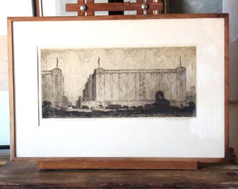 Vintage Frank Raymond sepia lithograph, Citiscape, industrial scape