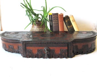 Hand-Carved Wood Leather Box, Mandala Design Organizer, Desktop Dresser Drawer.